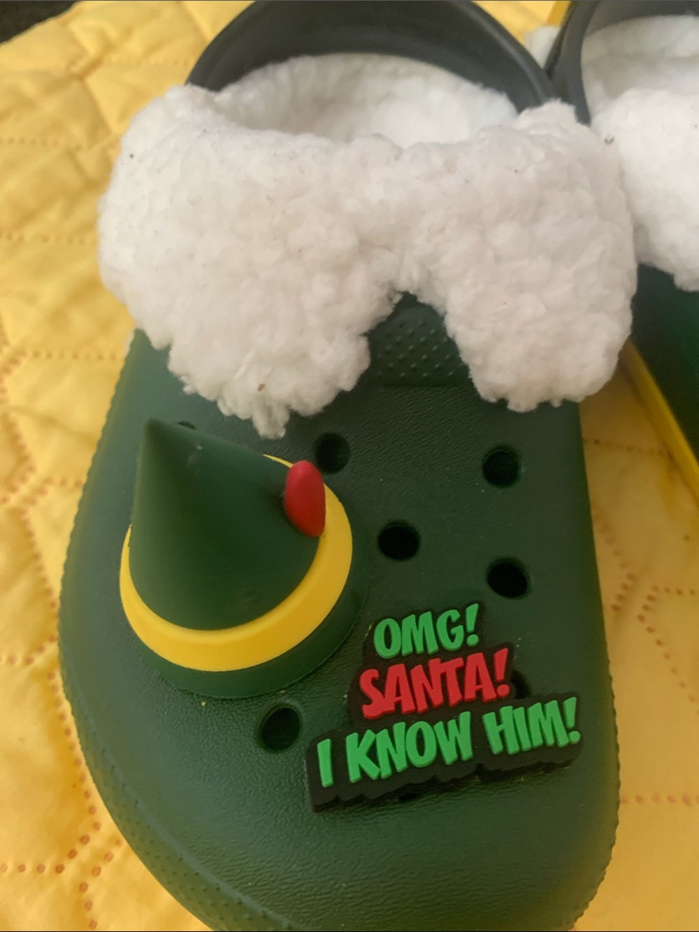 CROCS Kids Green Elf-Themed Clogs with White Sherpa Lining